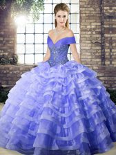 Gorgeous Sleeveless Beading and Ruffled Layers Lace Up Quinceanera Gown with Lavender Brush Train