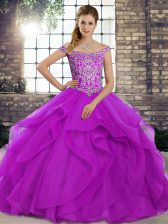  Beading and Ruffles Ball Gown Prom Dress Purple Lace Up Sleeveless Brush Train