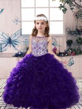 Simple Purple Ball Gowns Scoop Sleeveless Organza Floor Length Lace Up Beading and Ruffles Little Girls Pageant Gowns