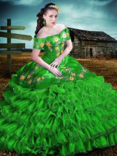 Trendy Embroidery and Ruffles Quinceanera Gown Green Lace Up Sleeveless Floor Length