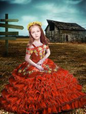 Wonderful Orange Red Organza Lace Up Off The Shoulder Short Sleeves Floor Length Kids Pageant Dress Embroidery and Ruffled Layers