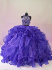 Graceful Halter Top Sleeveless Brush Train Backless Sweet 16 Dresses Purple Organza