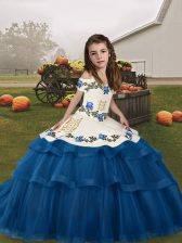 Sweet Blue Ball Gowns Straps Sleeveless Tulle Floor Length Lace Up Embroidery and Ruffled Layers Little Girls Pageant Dress