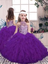  Floor Length Lace Up Girls Pageant Dresses Purple for Party and Wedding Party with Beading and Ruffles