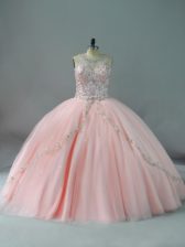  Peach Sleeveless Beading Lace Up Ball Gown Prom Dress