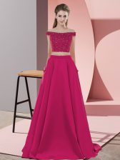  Hot Pink Prom Gown Prom and Party with Beading Off The Shoulder Sleeveless Sweep Train Backless