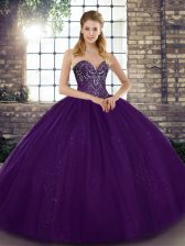  Sleeveless Tulle Floor Length Lace Up Sweet 16 Dress in Purple with Beading