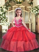  Sleeveless Floor Length Beading and Ruffled Layers Lace Up Little Girl Pageant Dress with Red