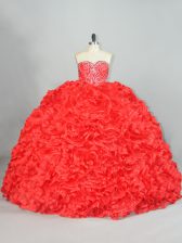 Elegant Organza Sweetheart Sleeveless Brush Train Lace Up Beading and Ruffles Quinceanera Gown in Red