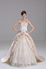  Champagne Sleeveless Satin Brush Train Lace Up Ball Gown Prom Dress
