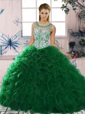 Fitting Dark Green Lace Up Scoop Beading and Ruffles Quinceanera Dresses Organza Sleeveless