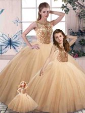 Dramatic Gold Ball Gowns Tulle Scoop Sleeveless Beading Floor Length Lace Up Quinceanera Gown