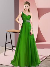  Green Empire One Shoulder Sleeveless Chiffon Brush Train Criss Cross Beading Prom Party Dress