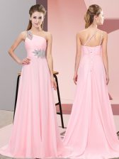 Colorful Baby Pink Empire Chiffon Scoop Sleeveless Beading Side Zipper Prom Dresses Brush Train