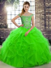 Glittering Green Tulle Lace Up Ball Gown Prom Dress Sleeveless Brush Train Beading and Ruffles