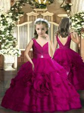 Trendy Fuchsia V-neck Backless Beading Little Girl Pageant Dress Sleeveless
