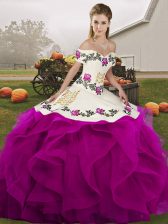  White And Purple Off The Shoulder Neckline Embroidery and Ruffles Quinceanera Dress Sleeveless Lace Up