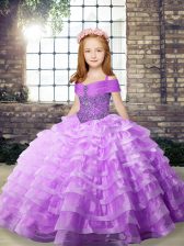  Lilac Sleeveless Brush Train Beading and Ruffled Layers Pageant Gowns