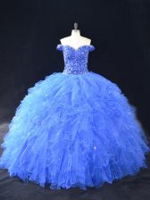  Floor Length Blue Sweet 16 Quinceanera Dress Tulle Sleeveless Beading and Ruffles