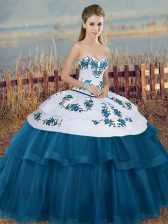 Fancy Blue And White Lace Up Sweetheart Embroidery and Bowknot Sweet 16 Dress Tulle Sleeveless