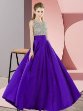 Delicate Purple Elastic Woven Satin Backless Scoop Sleeveless Floor Length Prom Party Dress Beading