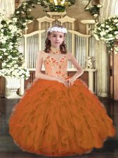  Orange Ball Gowns Strapless Sleeveless Tulle Floor Length Lace Up Appliques and Ruffles Little Girl Pageant Gowns