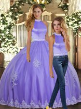 Dramatic Lavender Tulle Backless Sweet 16 Quinceanera Dress Sleeveless Floor Length Appliques