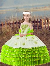 Super Sleeveless Organza Floor Length Lace Up Kids Pageant Dress in Yellow Green with Beading and Embroidery and Ruffled Layers