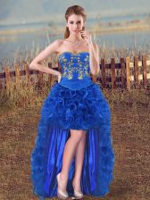 Custom Fit Royal Blue Lace Up Prom Dress Embroidery and Ruffles Sleeveless High Low