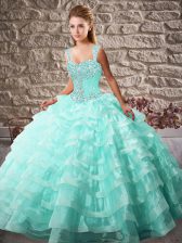 Dazzling Aqua Blue Sweet 16 Quinceanera Dress Sweet 16 and Quinceanera with Beading and Ruffled Layers Straps Sleeveless Court Train Lace Up
