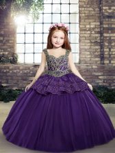  Tulle Straps Sleeveless Lace Up Beading and Appliques Little Girls Pageant Gowns in Purple