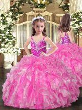 Elegant Rose Pink Ball Gowns Straps Sleeveless Organza Floor Length Lace Up Beading and Ruffles Child Pageant Dress