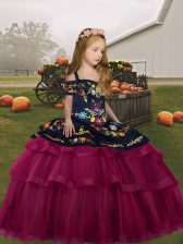 Perfect Fuchsia Ball Gowns Embroidery and Ruffled Layers Kids Pageant Dress Lace Up Tulle Sleeveless Floor Length