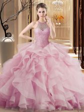 High Quality Pink Sleeveless Beading and Ruffles Lace Up 15th Birthday Dress