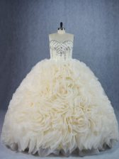 Vintage Champagne Lace Up Sweetheart Beading and Ruffles Ball Gown Prom Dress Fabric With Rolling Flowers Sleeveless Brush Train