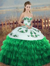  Sweetheart Sleeveless Quinceanera Dresses Floor Length Embroidery and Ruffled Layers and Bowknot Green Organza