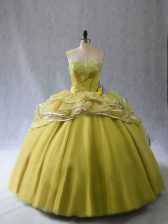  Olive Green Sweetheart Lace Up Appliques and Ruffles Sweet 16 Dresses Brush Train Sleeveless