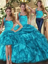 Best Selling Floor Length Three Pieces Sleeveless Teal Quince Ball Gowns Lace Up