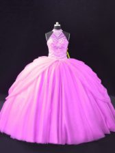 Modest Halter Top Sleeveless Tulle Ball Gown Prom Dress Beading and Pick Ups Lace Up