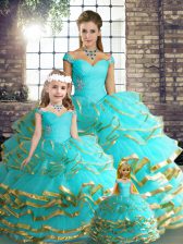 Spectacular Sleeveless Floor Length Beading and Ruffled Layers Lace Up Quinceanera Gowns with Aqua Blue