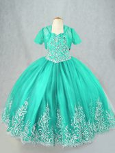 Custom Design Sleeveless Tulle Floor Length Lace Up Little Girls Pageant Dress in Turquoise with Beading and Embroidery