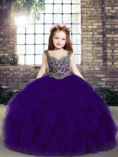 Best Sleeveless Floor Length Beading Lace Up Kids Pageant Dress with Purple