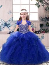  Royal Blue Lace Up Straps Beading and Ruffles Child Pageant Dress Tulle Sleeveless