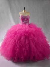  Fuchsia Halter Top Lace Up Beading and Ruffles Ball Gown Prom Dress Sleeveless