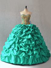 Super Turquoise Taffeta Lace Up Sweetheart Sleeveless Ball Gown Prom Dress Brush Train Beading and Pick Ups