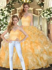 Delicate Organza Sweetheart Sleeveless Lace Up Beading and Ruffles Quinceanera Dress in Gold