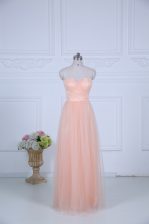  Peach Tulle Zipper Sweetheart Sleeveless Floor Length Quinceanera Court of Honor Dress Ruching