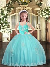  Aqua Blue Lace Up Child Pageant Dress Appliques Sleeveless Floor Length