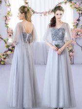 Discount Tulle Sleeveless Floor Length Quinceanera Dama Dress and Appliques