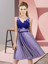 Hot Sale Lavender Empire Tulle V-neck Sleeveless Appliques Knee Length Lace Up Quinceanera Court of Honor Dress